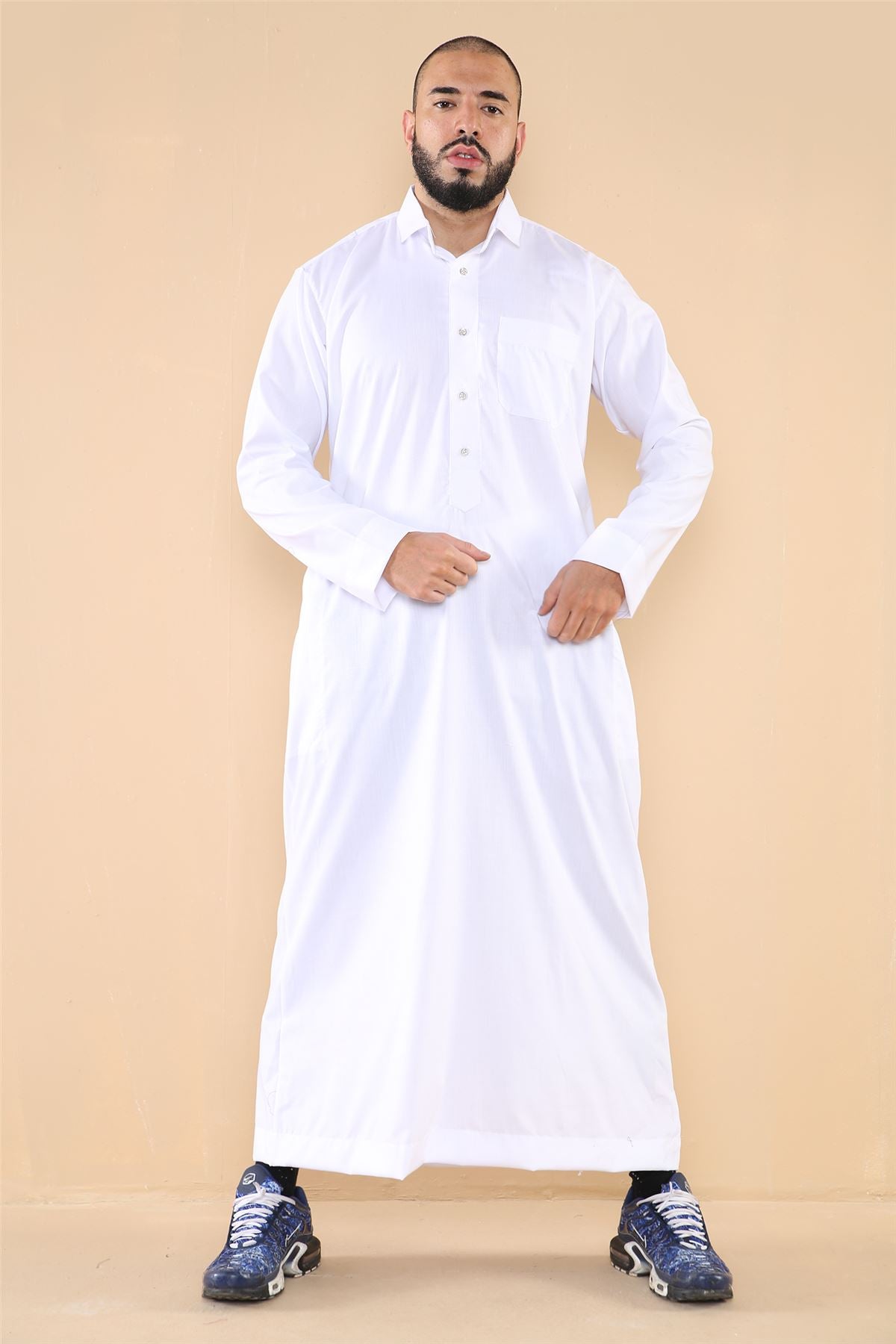 Jubba Thobe da Uomo con Colletto Rovesciato Vestito Caftano Musulmano Islamico Arabo