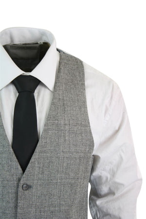 Mens Waistcoat Wool Check Herringbone Tweed Brown Black Classic Vintage Fit-TruClothing