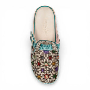 Dorry 01 - Mules compensées femme bleues en cuir à fleurs - Laura Vita - 6