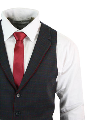 Mens Waistcoat Wool Check Herringbone Tweed Brown Black Classic Vintage Fit-TruClothing