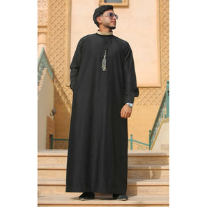ED-200 - Men's Nehru Round Collar Embroidery Thobe - Black - Thobez - 30