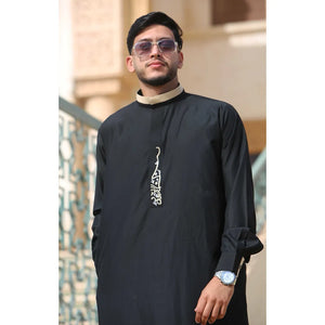 ED-200 - Men's Nehru Round Collar Embroidery Thobe - Black - Thobez - 31