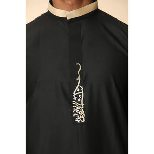ED-200 - Men's Nehru Round Collar Embroidery Thobe - Black - Thobez - 32