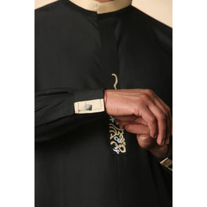 ED-200 - Men's Nehru Round Collar Embroidery Thobe - Black - Thobez - 33