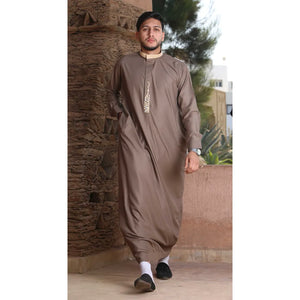 ED-200 - Men's Nehru Round Collar Embroidery Thobe - Brown - Thobez - 2