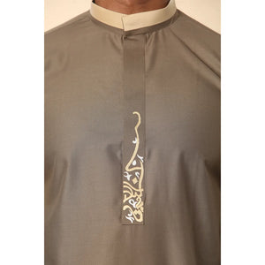 ED-200 - Men's Nehru Round Collar Embroidery Thobe - Brown - Thobez - 3