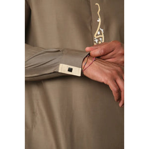 ED-200 - Men's Nehru Round Collar Embroidery Thobe - Brown - Thobez - 4