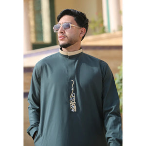 ED-200 - Men's Nehru Round Collar Embroidery Thobe - Green - Thobez - 10