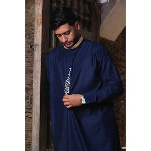 ED-200 - Men's Nehru Round Collar Embroidery Thobe - Navy - Thobez - 17