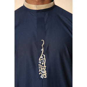 ED-200 - Men's Nehru Round Collar Embroidery Thobe - Navy - Thobez - 18