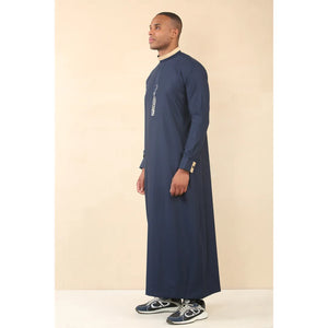 ED-200 - Men's Nehru Round Collar Embroidery Thobe - Navy - Thobez - 20