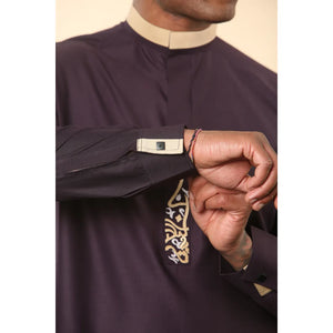 ED-200 - Men's Nehru Round Collar Embroidery Thobe - Purple - Thobez - 40