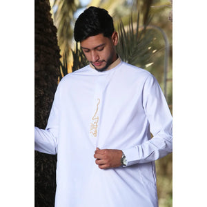 ED-200 - Men's Nehru Round Collar Embroidery Thobe - White - Thobez - 24