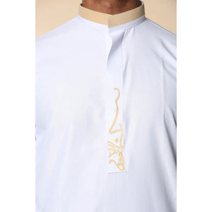ED-200 - Men's Nehru Round Collar Embroidery Thobe - White - Thobez - 25