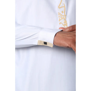 ED-200 - Men's Nehru Round Collar Embroidery Thobe - White - Thobez - 26