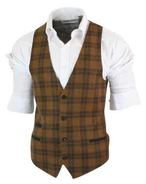 Mens Waistcoat Wool Check Herringbone Tweed Brown Black Classic Vintage Fit-TruClothing