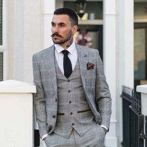 Francis - Herren Grauer 3-teiliger Anzug Tan Braun Kariert mit Samtbesätzen Hochzeit - Paul Andrew - 2