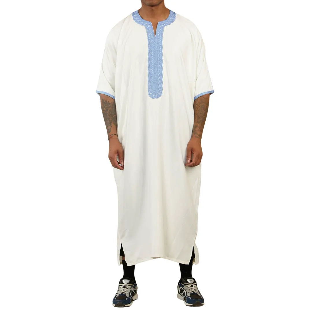 GG002 - Men's Moroccan Thobe Short Sleeve Gandoura - White - Thobez - 1
