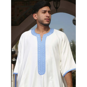GG002 - Men's Moroccan Thobe Short Sleeve Gandoura - White - Thobez - 3