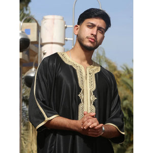 GG008 - Men's Moroccan Thobe Short Sleeve Gandoura - Black Gold - Thobez - 3