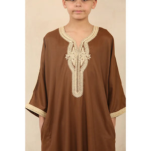 HM60 - Boys Moroccan Thobe Short Sleeve Embroidery Gandoura - Brown - Thobez - 4