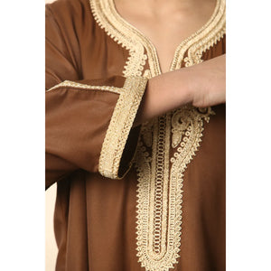 HM60 - Boys Moroccan Thobe Short Sleeve Embroidery Gandoura - Brown - Thobez - 6