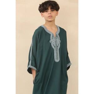 HM60 - Boys Moroccan Thobe Short Sleeve Embroidery Gandoura - Green - Thobez - 12