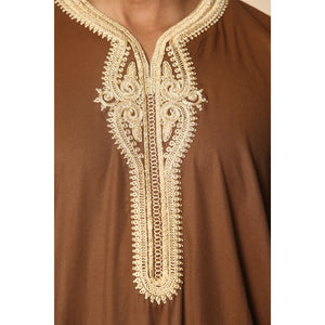 HM60 - Men's Moroccan Thobe Short Sleeve Embroidery Gandoura - Brown - Thobez - 12