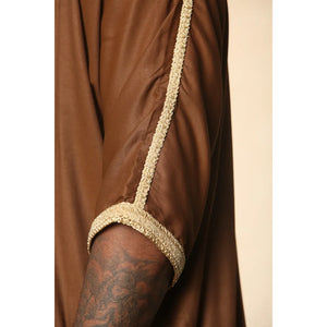HM60 - Men's Moroccan Thobe Short Sleeve Embroidery Gandoura - Brown - Thobez - 13