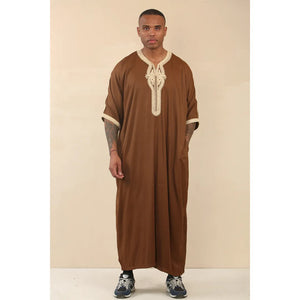 HM60 - Men's Moroccan Thobe Short Sleeve Embroidery Gandoura - Brown - Thobez - 14