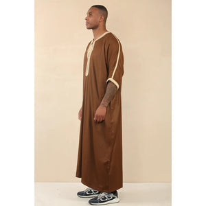 HM60 - Men's Moroccan Thobe Short Sleeve Embroidery Gandoura - Brown - Thobez - 15