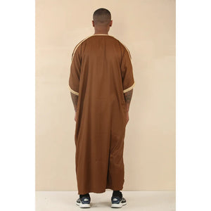 HM60 - Men's Moroccan Thobe Short Sleeve Embroidery Gandoura - Brown - Thobez - 16