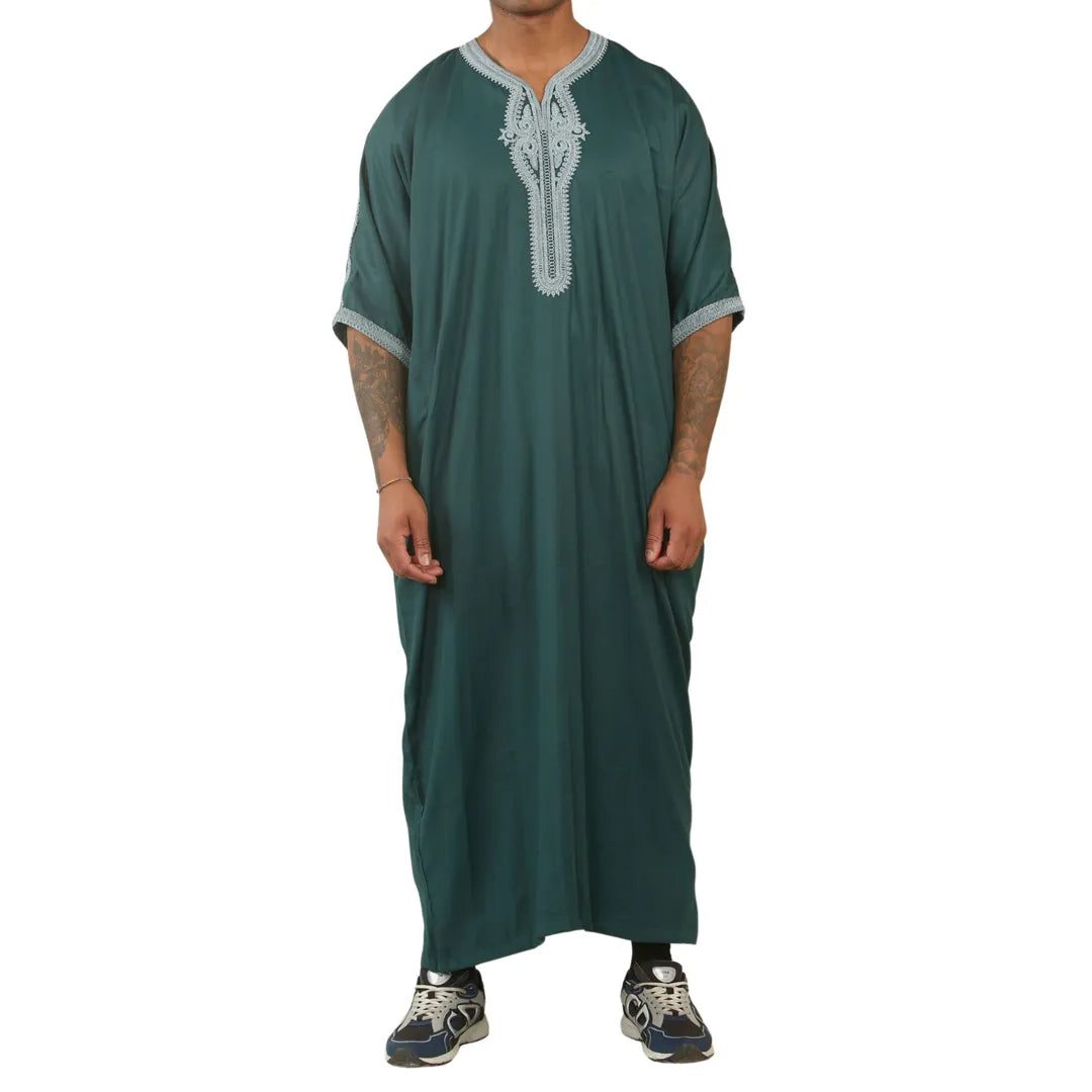HM60 - Men's Moroccan Thobe Short Sleeve Embroidery Gandoura - Green - Thobez - 1