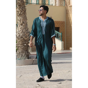 HM60 - Men's Moroccan Thobe Short Sleeve Embroidery Gandoura - Green - Thobez - 3