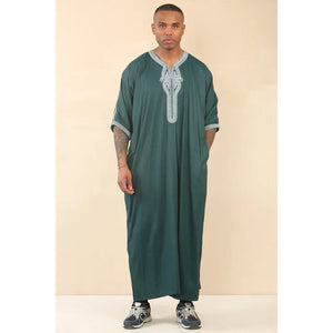 HM60 - Men's Moroccan Thobe Short Sleeve Embroidery Gandoura - Green - Thobez - 4