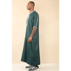 HM60 - Men's Moroccan Thobe Short Sleeve Embroidery Gandoura - Green - Thobez - 7