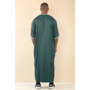 HM60 - Men's Moroccan Thobe Short Sleeve Embroidery Gandoura - Green - Thobez - 8