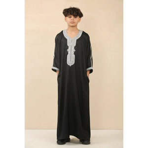 HM62 - Boys Moroccan Thobe Short Sleeve Embroidery Gandoura - Black - Thobez - 10