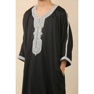 HM62 - Boys Moroccan Thobe Short Sleeve Embroidery Gandoura - Black - Thobez - 11