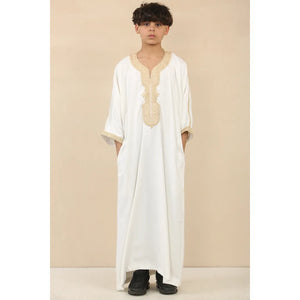 HM62 - Boys Moroccan Thobe Short Sleeve Embroidery Gandoura - White - Thobez - 3