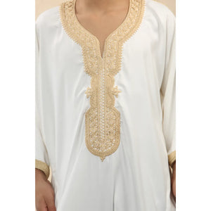 HM62 - Boys Moroccan Thobe Short Sleeve Embroidery Gandoura - White - Thobez - 4