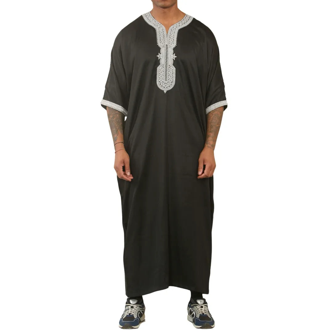 HM62 - Men's Moroccan Thobe Short Sleeve Embroidery Gandoura - Black - Thobez - 1