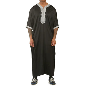 HM62 - Men's Moroccan Thobe Short Sleeve Embroidery Gandoura - Black - Thobez - 1