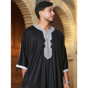 HM62 - Men's Moroccan Thobe Short Sleeve Embroidery Gandoura - Black - Thobez - 4
