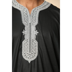 HM62 - Men's Moroccan Thobe Short Sleeve Embroidery Gandoura - Black - Thobez - 5