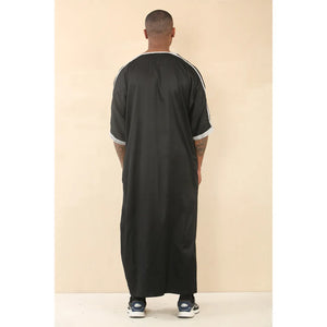 HM62 - Men's Moroccan Thobe Short Sleeve Embroidery Gandoura - Black - Thobez - 8