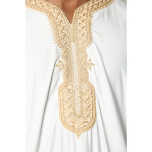 HM62 - Men's Moroccan Thobe Short Sleeve Embroidery Gandoura - White - Thobez - 14