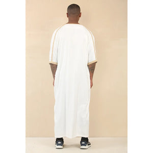 HM62 - Men's Moroccan Thobe Short Sleeve Embroidery Gandoura - White - Thobez - 16
