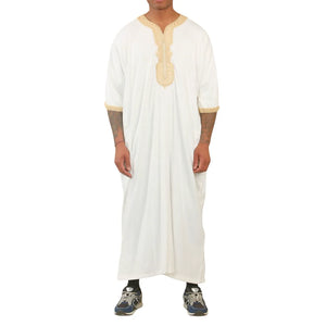 HM62 - Men's Moroccan Thobe Short Sleeve Embroidery Gandoura - White - Thobez - 9