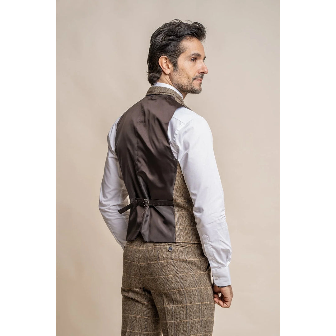 Gilet homme veston tweed à chevrons carreaux marron gris coupe slim vintage